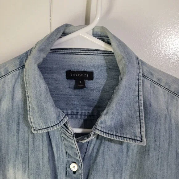 TALBOTS Women's SZ 4 Distressed Washed Denim Button Up Shirt Grunge Cotton - Picture 5 of 10